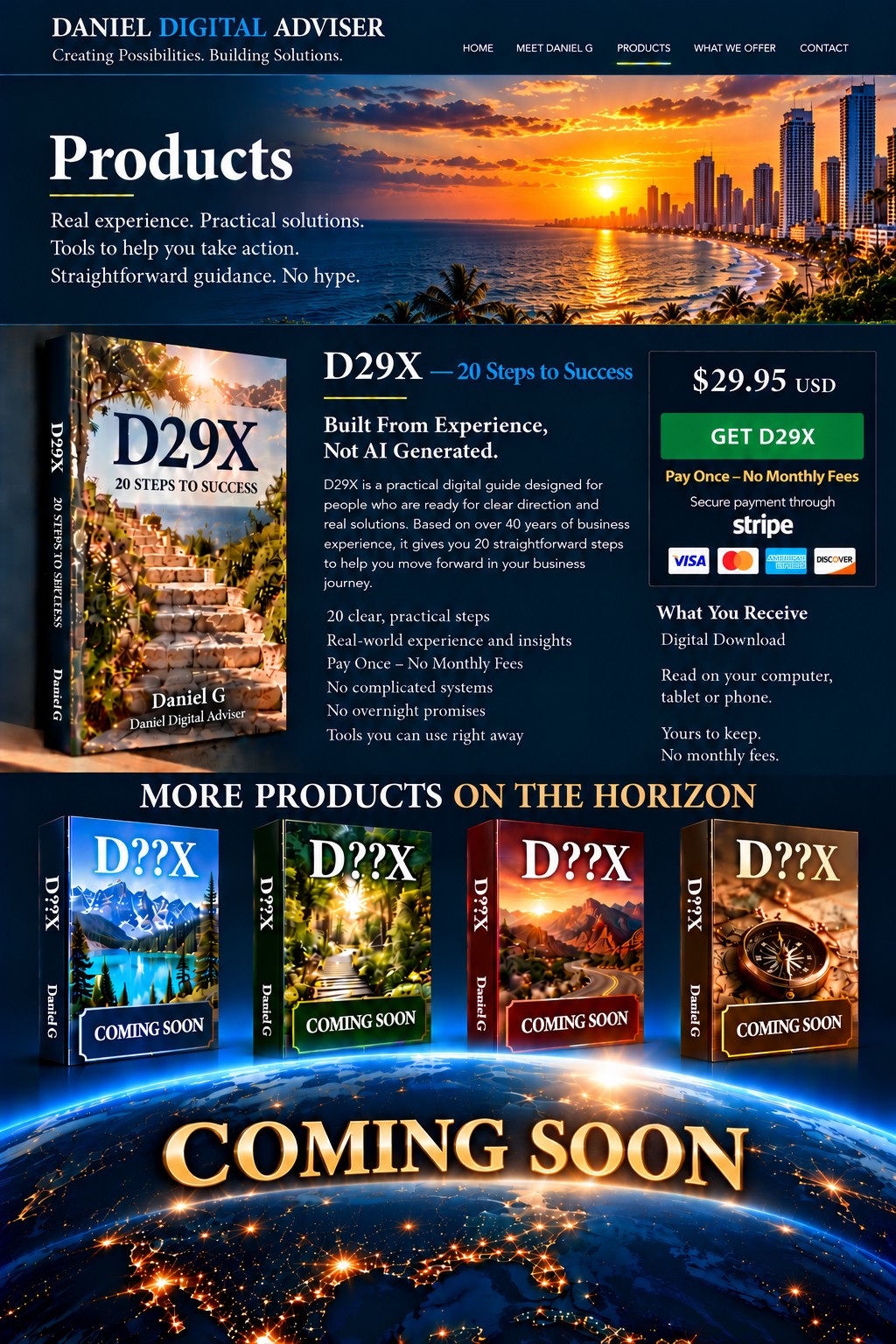 Daniel Digital Adviser Products page featuring D29X — 20 Steps to Success for $29.95 USD and four upcoming products.